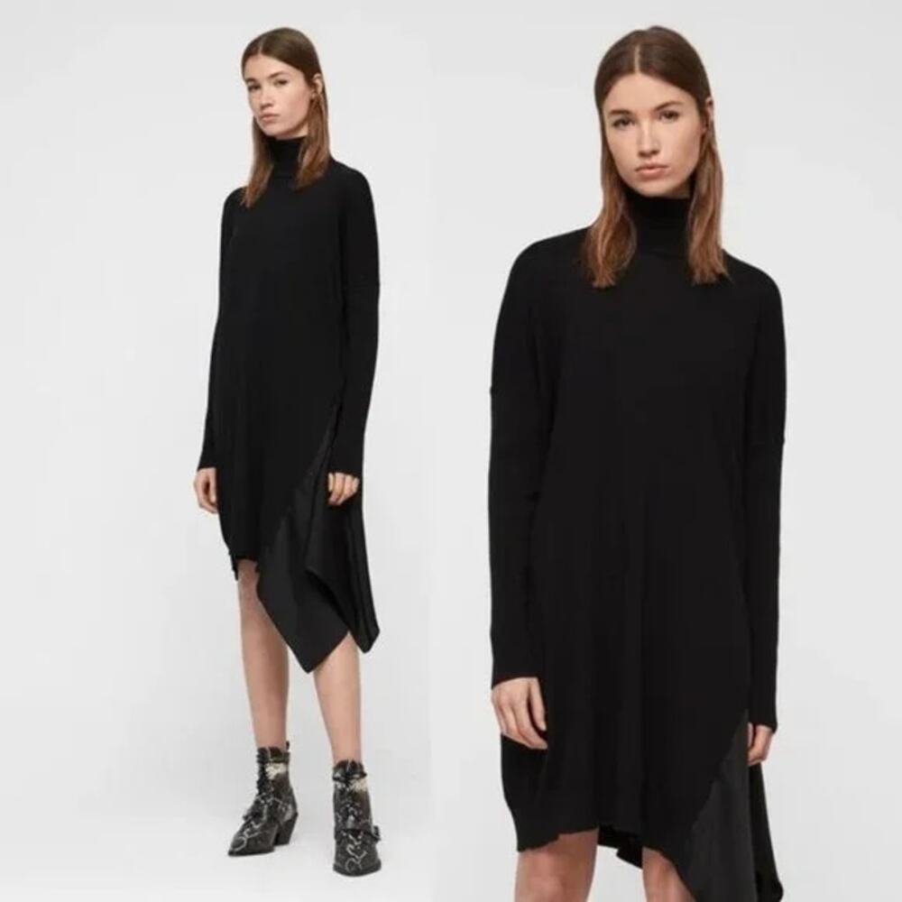 AllSaints Alda Dress Knit Sweater Turtleneck Asymmetrical Edgy Black Size XS